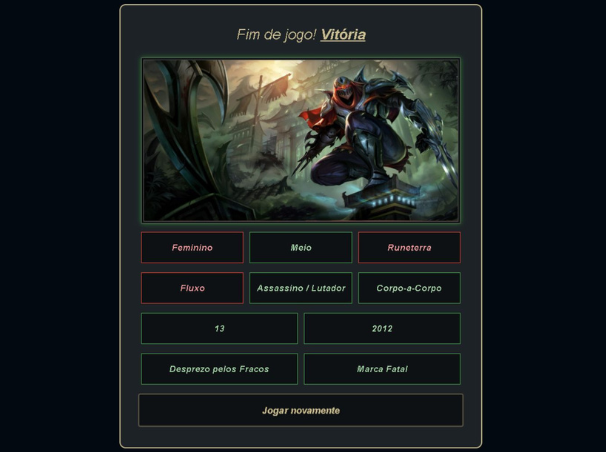Tela de vitória do jogo 'Who is That Champion?' mostrando a imagem do campeão Zed, com características corretas e incorretas destacadas por cores diferentes
